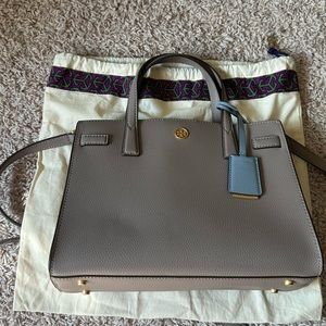 Tory Burch Small Walker Satchel in Pebble Gray leather originally $378
